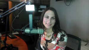 Donna Serdula, LinkedIn Aficionado, in front of the radio microphone on Sirius XM Radio show