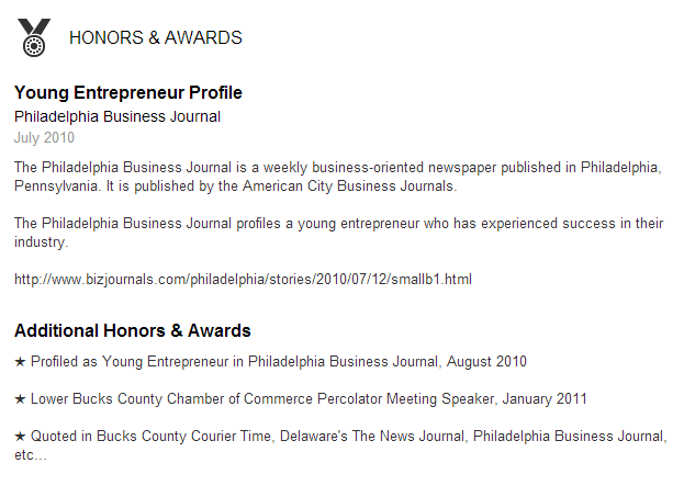 New LinkedIn Profile Honors and Awards Section
