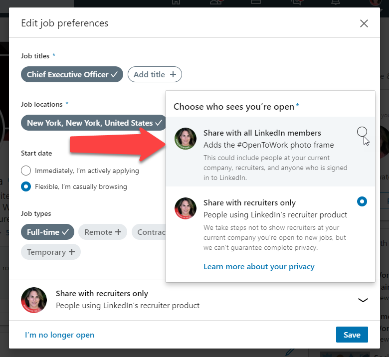 How to turn on the #Opentowork photo frame on your LinkedIn profile photo