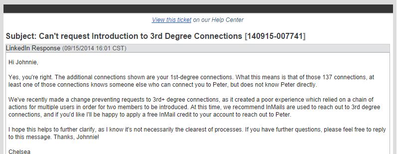 LinkedIn Technical Support Response to 3rd Degree Introduction issue