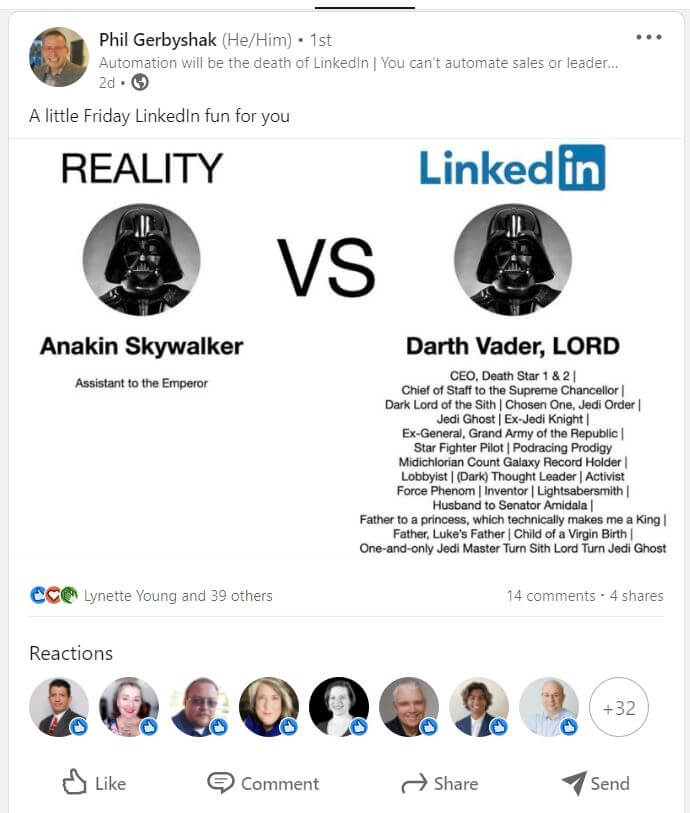 Reality Vs LinkedIn - Darth Vader's LinkedIn Intro Card with optimized headline