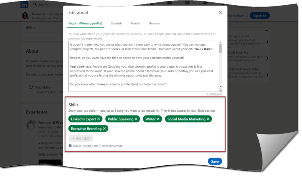 Edit About section screen with the About section shown and the area to add Top Skills is highlighted.