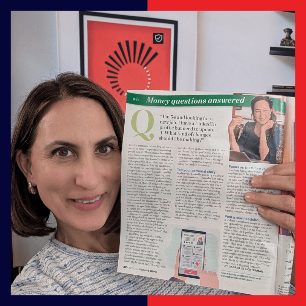 Donna Serdula holding the magazine Woman's World, with the article in which she is quoted, showing.